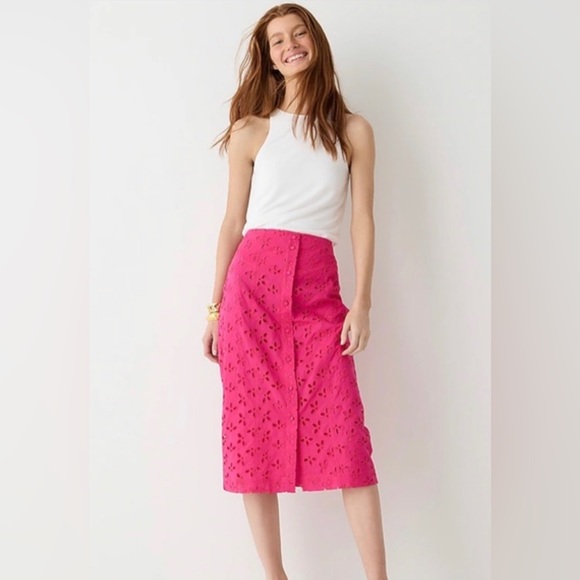 J. Crew Dresses & Skirts - J. CREW 🆕 Fuchsia Button-front cotton eyelet pencil skirt. Size 6 and 14.
